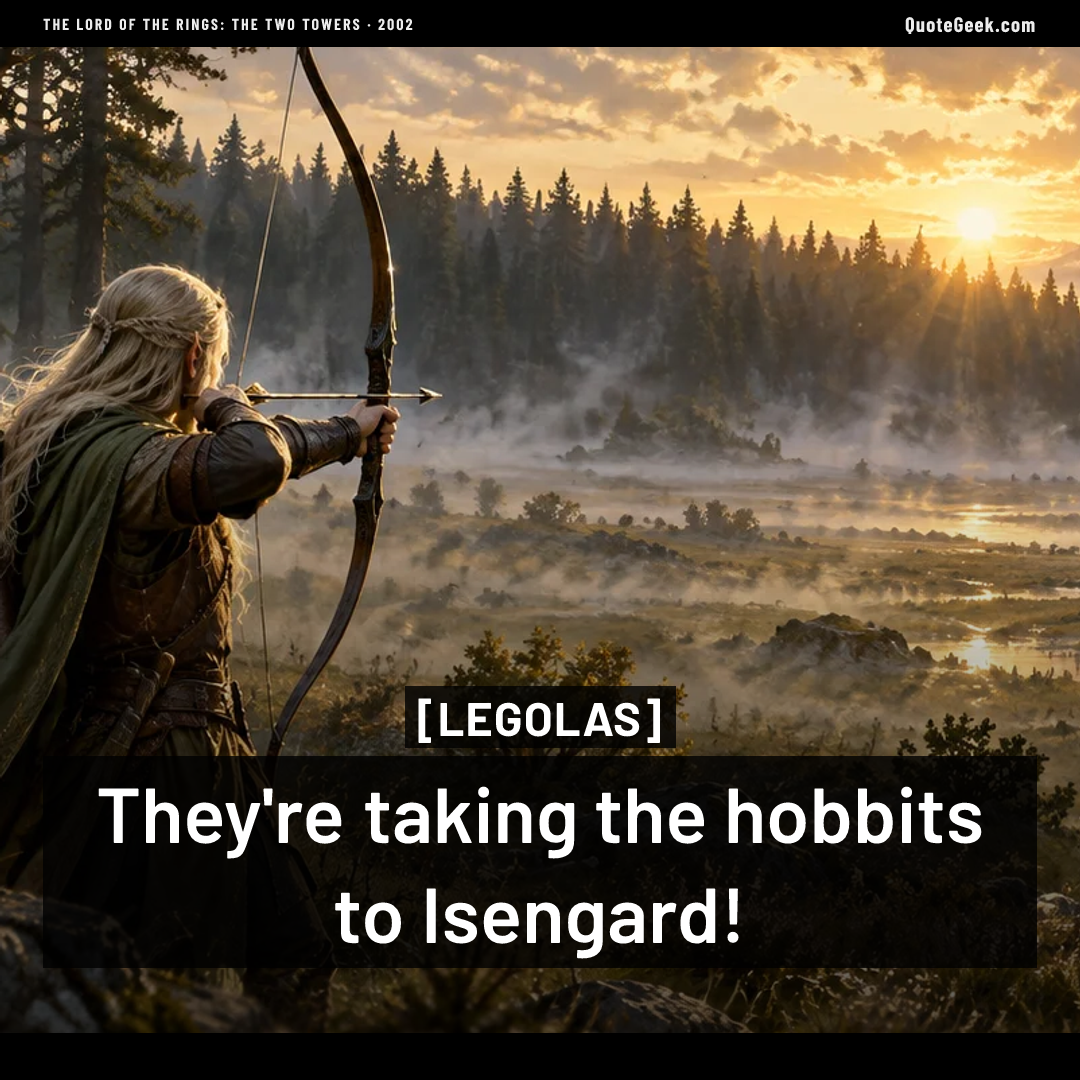 “They're taking the hobbits to Isengard!” — Legolas · The Lord of the Rings: The Two Towers. Illustrated QuoteGeek card.
