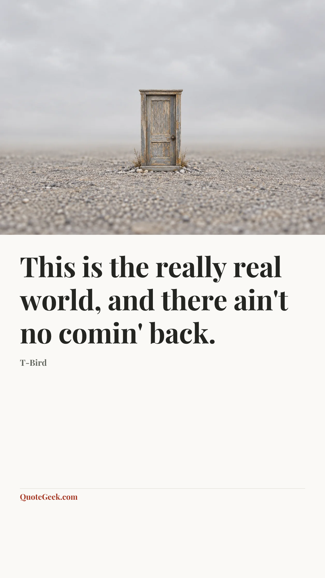 “This is the really real world, and there ain't no comin' back.” — T-Bird. Illustrated QuoteGeek card.