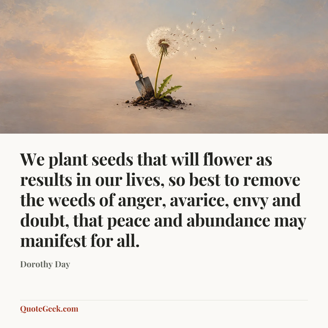 “We plant seeds that will flower as results in our lives, so best to remove the weeds of anger, avarice, envy and doubt, that peace and abundance may manifest for all.” — Dorothy Day. Illustrated QuoteGeek card.
