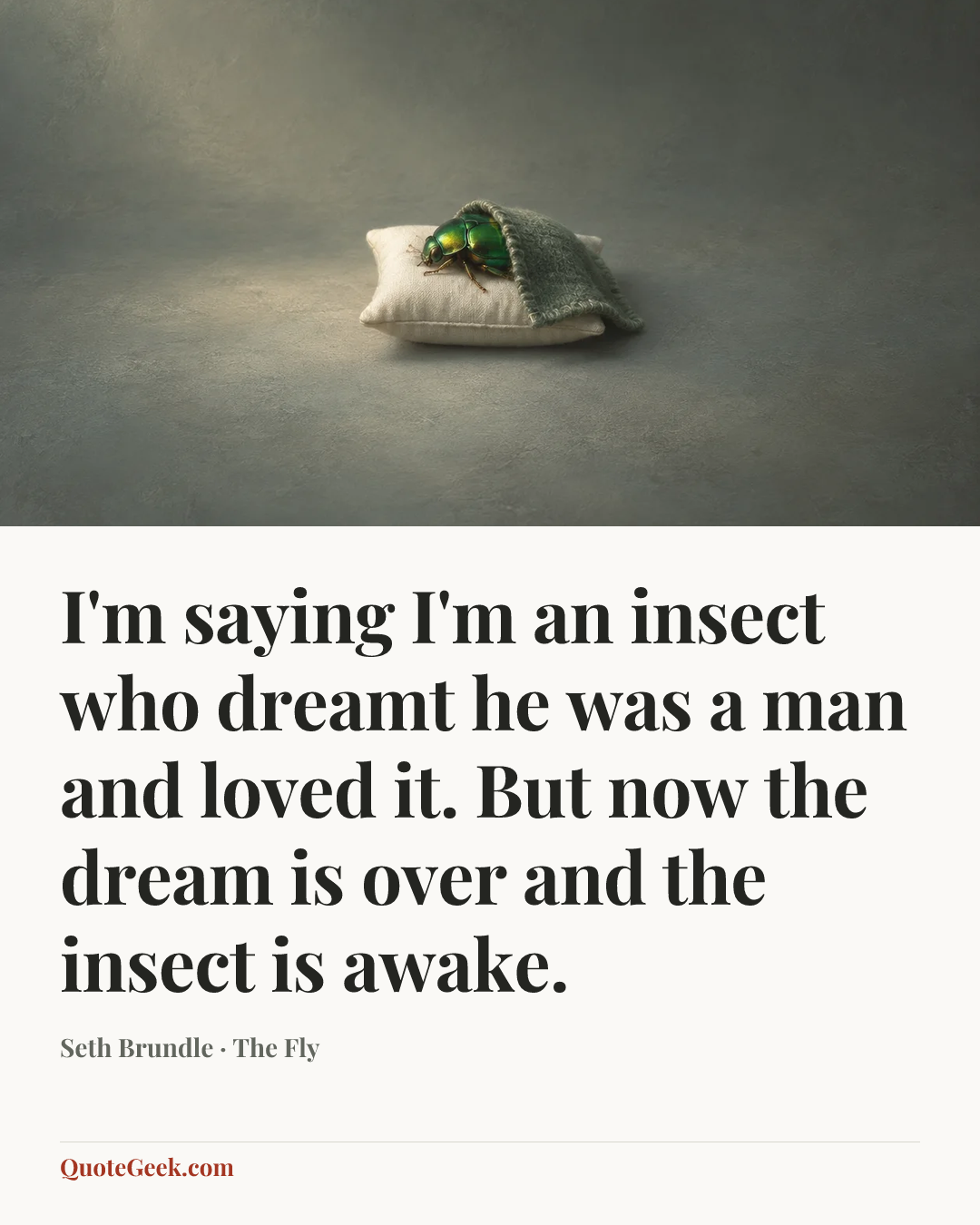 “I'm saying I'm an insect who dreamt he was a man and loved it. But now the dream is over and the insect is awake.” — Seth Brundle · The Fly. Illustrated QuoteGeek card.