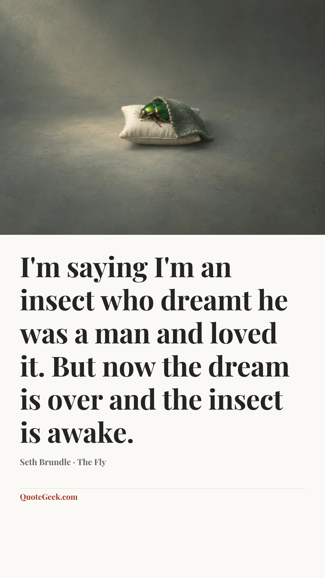 “I'm saying I'm an insect who dreamt he was a man and loved it. But now the dream is over and the insect is awake.” — Seth Brundle · The Fly. Illustrated QuoteGeek card.