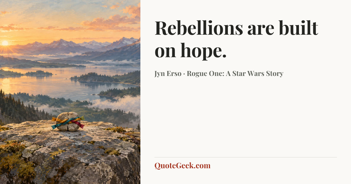 “Rebellions are built on hope.” — Jyn Erso · Rogue One: A Star Wars Story. Illustrated QuoteGeek card.