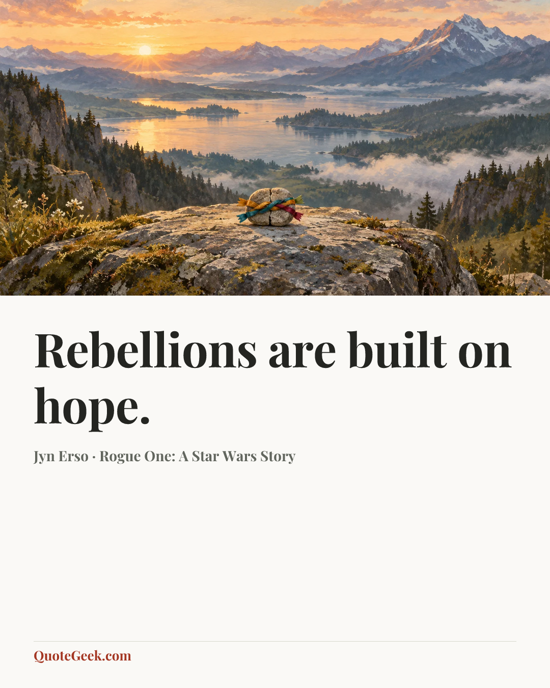 “Rebellions are built on hope.” — Jyn Erso · Rogue One: A Star Wars Story. Illustrated QuoteGeek card.