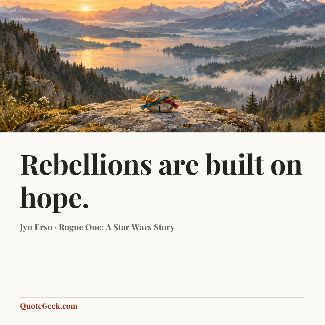 “Rebellions are built on hope.” — Jyn Erso · Rogue One: A Star Wars Story. Illustrated QuoteGeek card.
