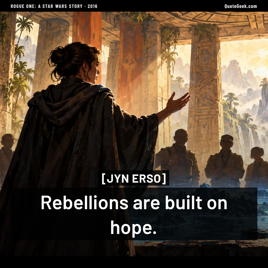 “Rebellions are built on hope.” — Jyn Erso · Rogue One: A Star Wars Story. Illustrated QuoteGeek card.