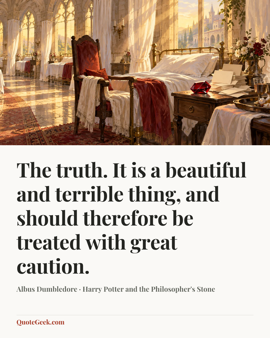 “The truth. It is a beautiful and terrible thing, and should therefore be treated with great caution.” — Albus Dumbledore · Harry Potter and the Philosopher's Stone. Illustrated QuoteGeek card.