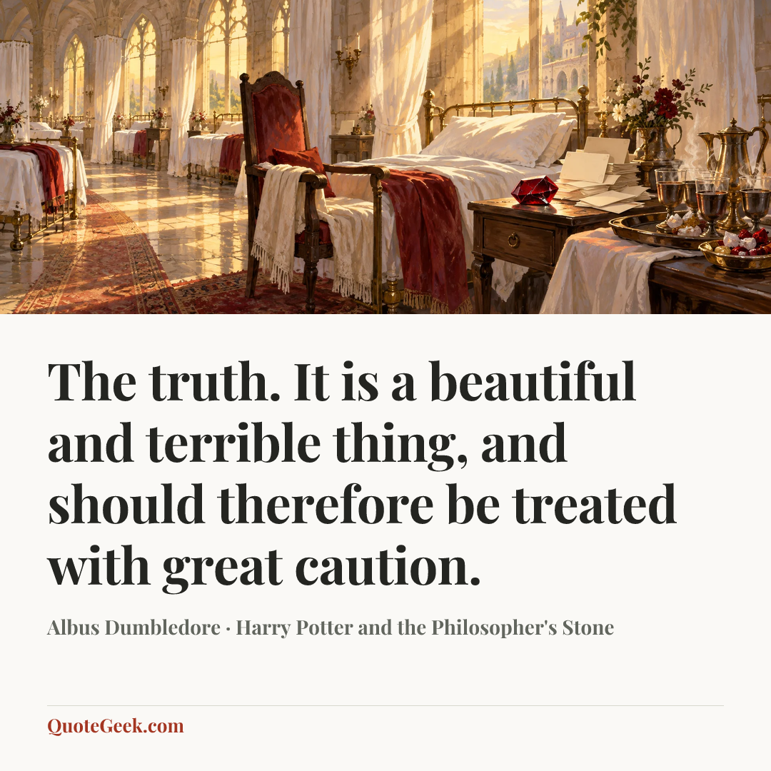 “The truth. It is a beautiful and terrible thing, and should therefore be treated with great caution.” — Albus Dumbledore · Harry Potter and the Philosopher's Stone. Illustrated QuoteGeek card.