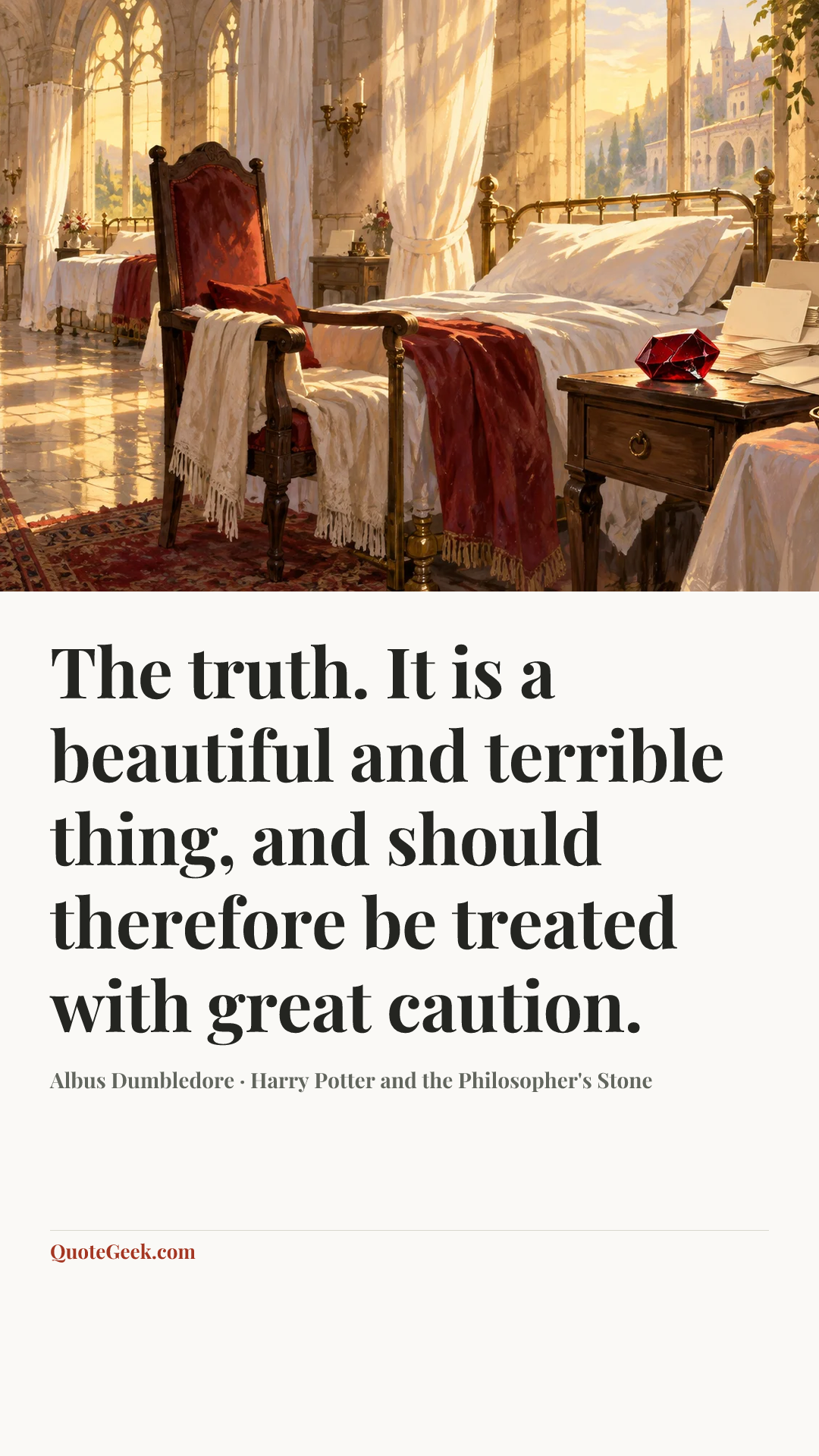 “The truth. It is a beautiful and terrible thing, and should therefore be treated with great caution.” — Albus Dumbledore · Harry Potter and the Philosopher's Stone. Illustrated QuoteGeek card.