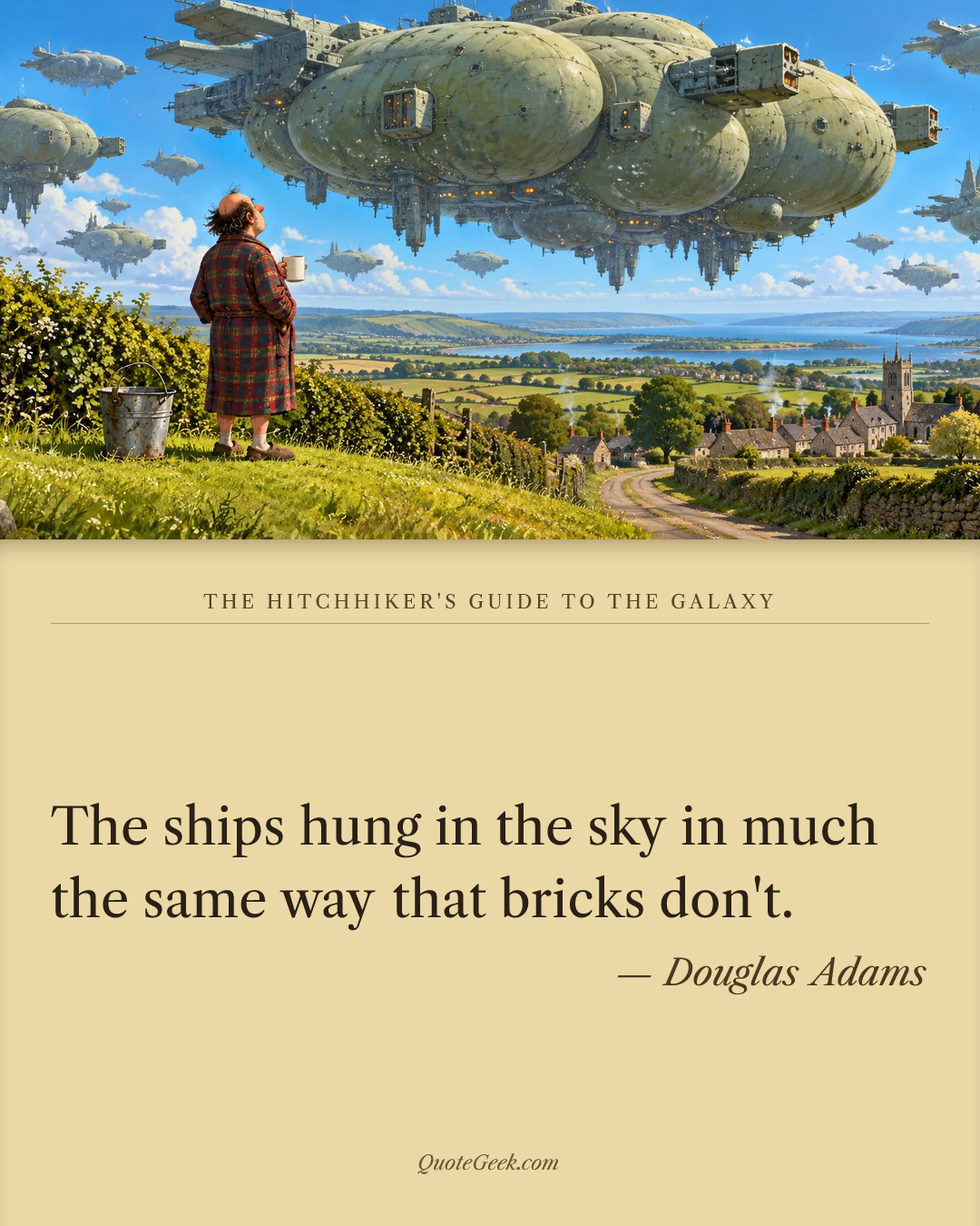 “The ships hung in the sky in much the same way that bricks don't.” — Douglas Adams · The Hitchhiker's Guide to the Galaxy. Illustrated QuoteGeek card.