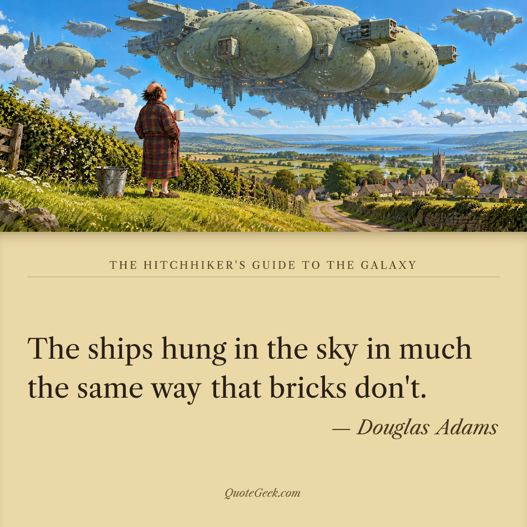 “The ships hung in the sky in much the same way that bricks don't.” — Douglas Adams · The Hitchhiker's Guide to the Galaxy. Illustrated QuoteGeek card.