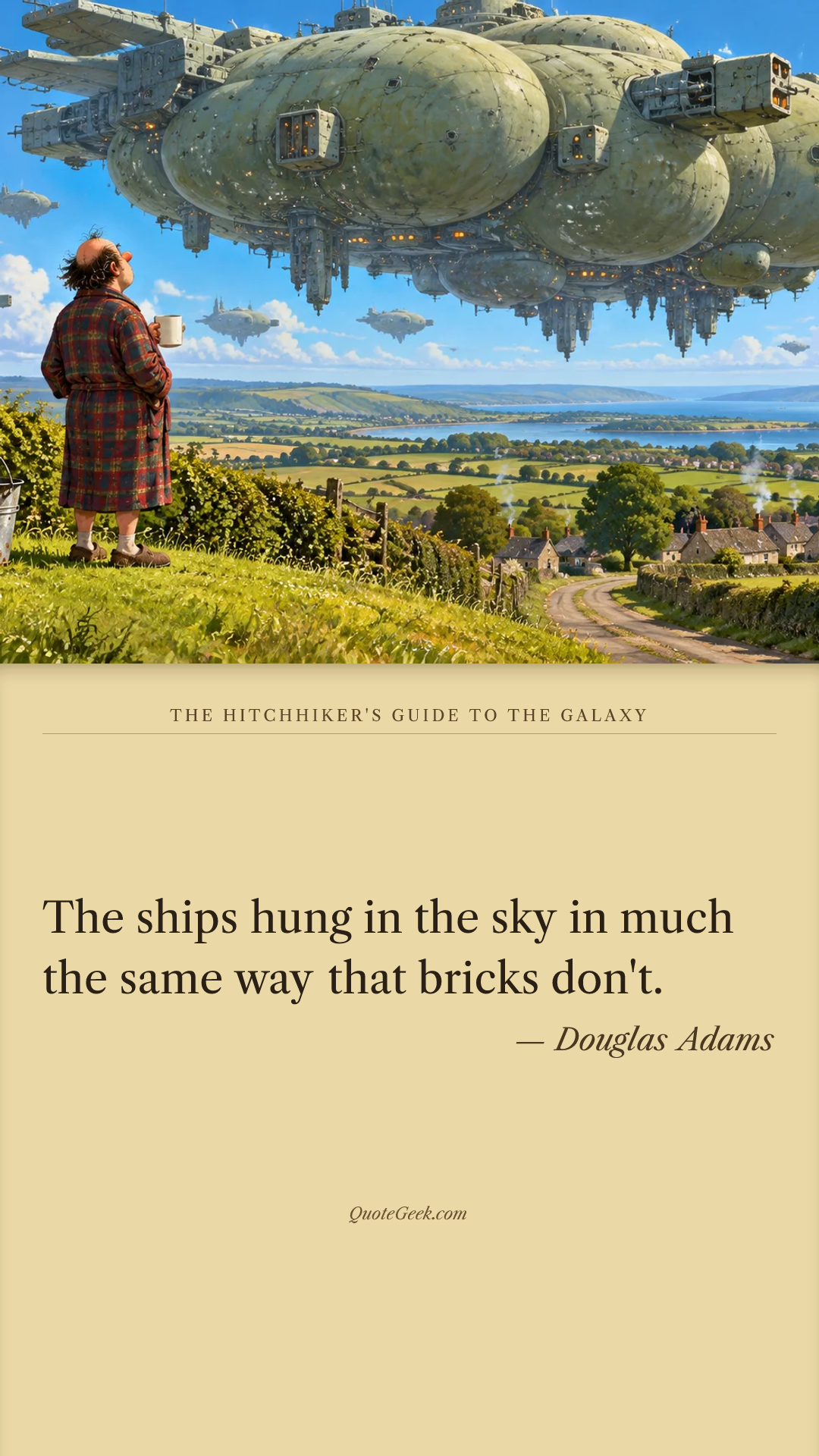 “The ships hung in the sky in much the same way that bricks don't.” — Douglas Adams · The Hitchhiker's Guide to the Galaxy. Illustrated QuoteGeek card.
