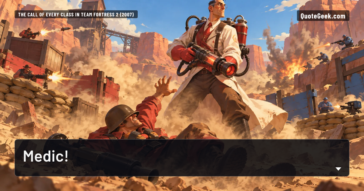“Medic!” — The call of every class in Team Fortress 2 (2007) · Team Fortress 2. Illustrated QuoteGeek card.