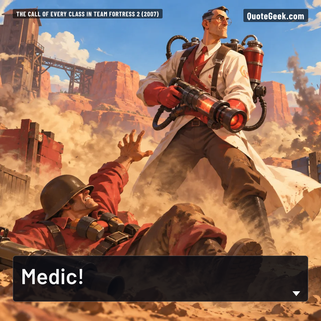 “Medic!” — The call of every class in Team Fortress 2 (2007) · Team Fortress 2. Illustrated QuoteGeek card.