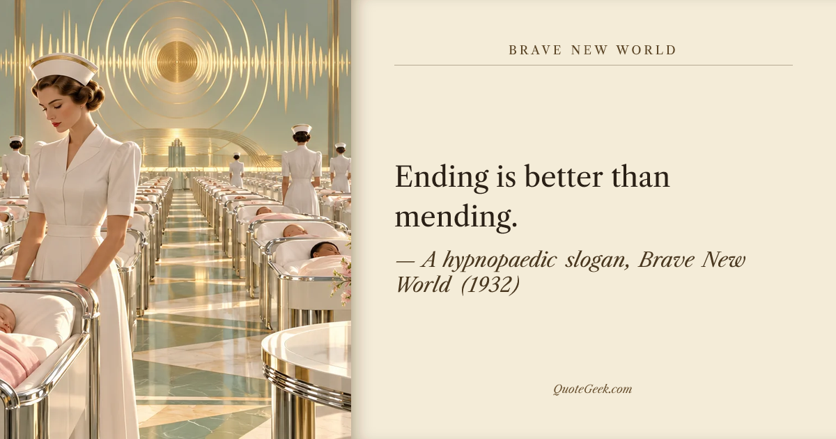 “Ending is better than mending.” — A hypnopaedic slogan, Brave New World (1932). Illustrated QuoteGeek card.