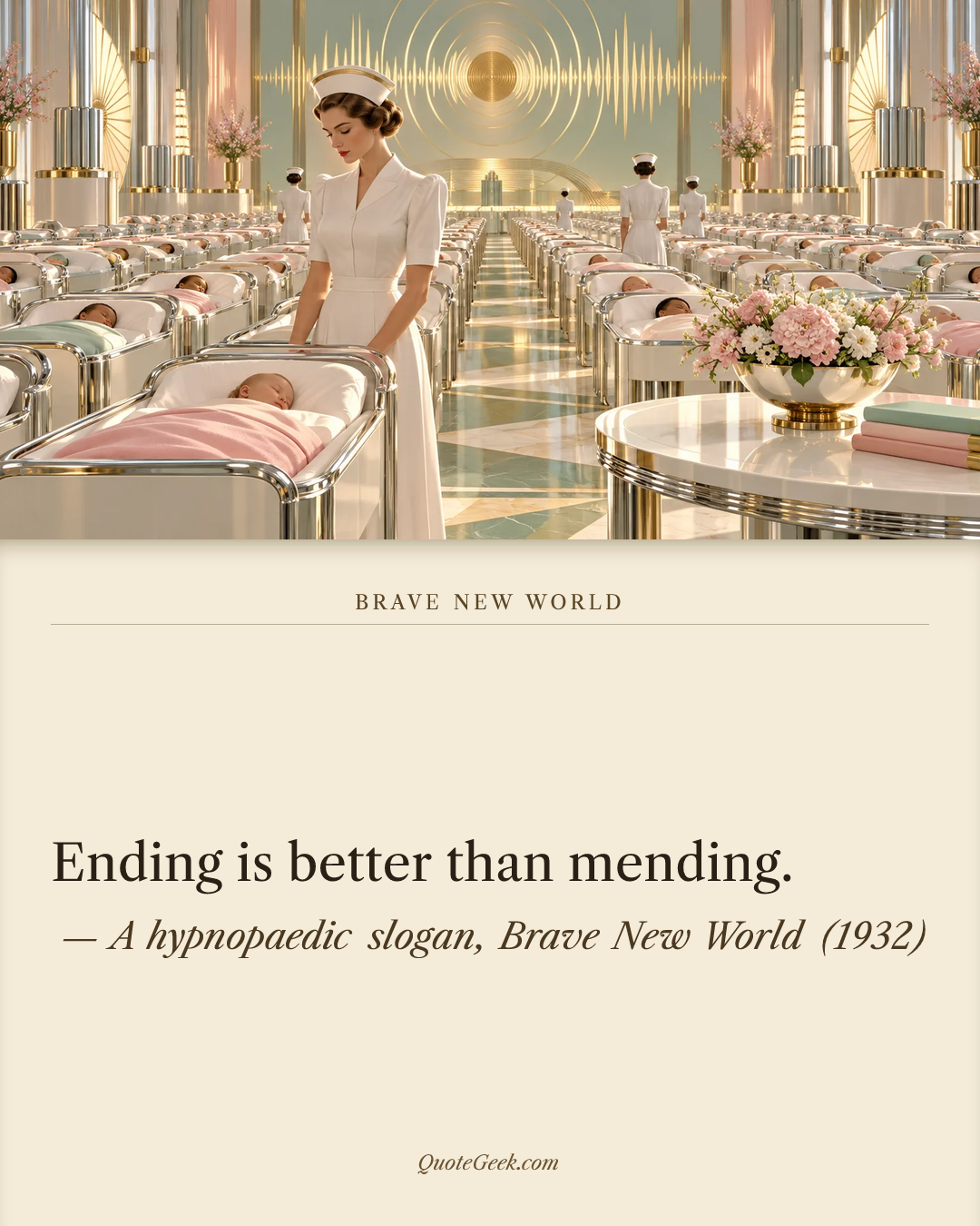 “Ending is better than mending.” — A hypnopaedic slogan, Brave New World (1932). Illustrated QuoteGeek card.