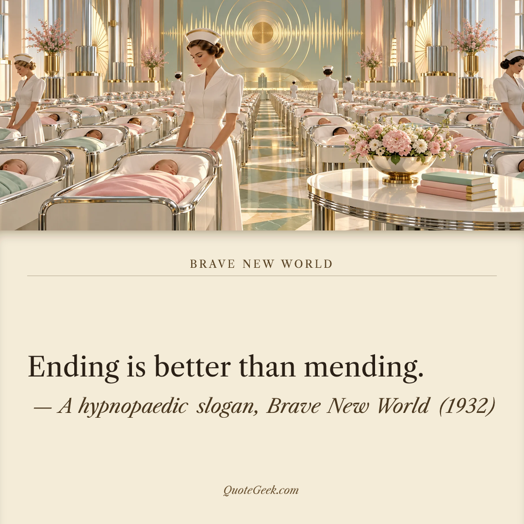 “Ending is better than mending.” — A hypnopaedic slogan, Brave New World (1932). Illustrated QuoteGeek card.