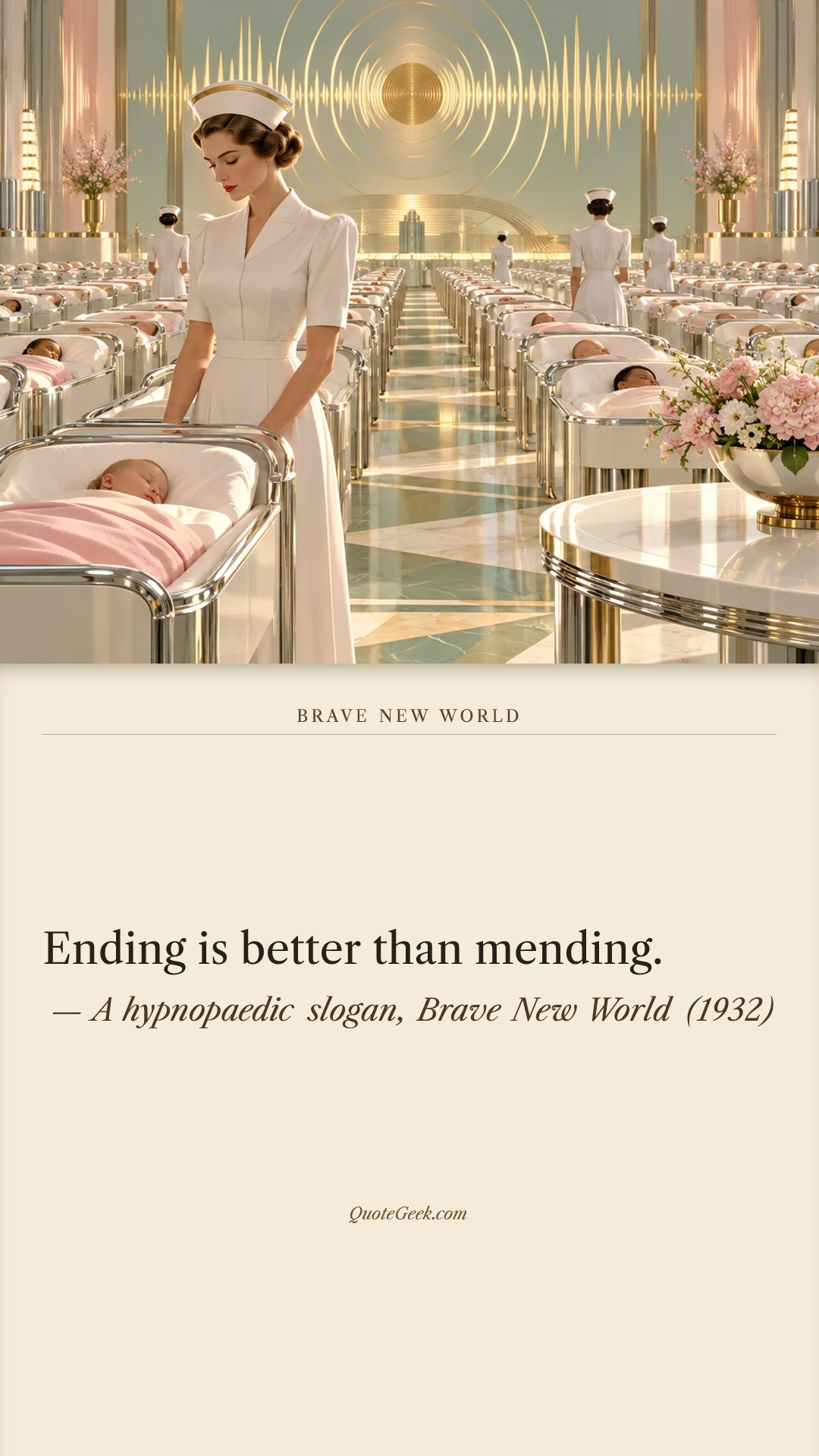 “Ending is better than mending.” — A hypnopaedic slogan, Brave New World (1932). Illustrated QuoteGeek card.