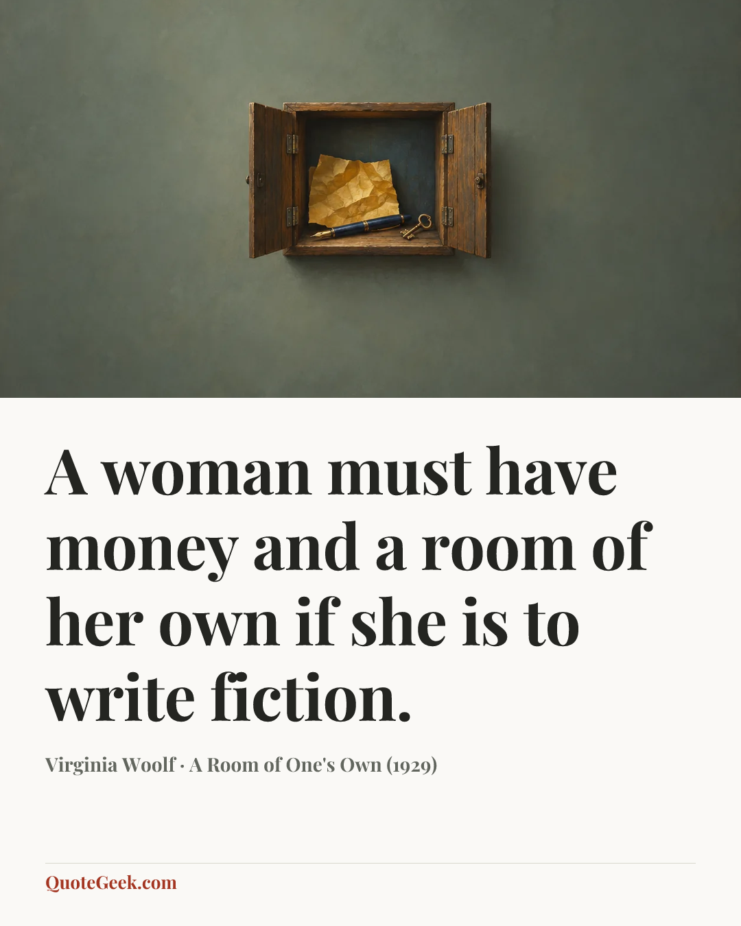 “A woman must have money and a room of her own if she is to write fiction.” — Virginia Woolf · A Room of One's Own (1929). Illustrated QuoteGeek card.