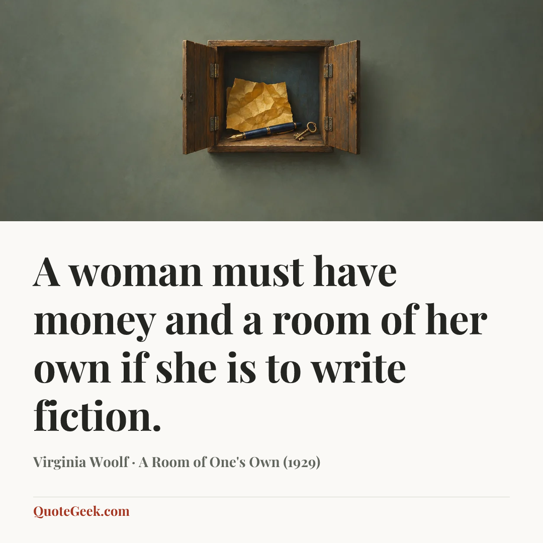 “A woman must have money and a room of her own if she is to write fiction.” — Virginia Woolf · A Room of One's Own (1929). Illustrated QuoteGeek card.