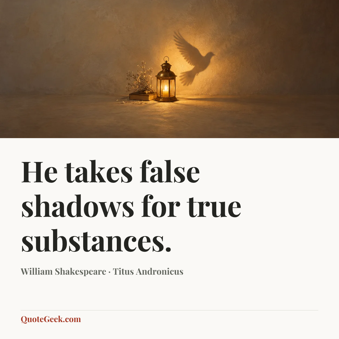 “He takes false shadows for true substances.” — William Shakespeare · Titus Andronicus. Illustrated QuoteGeek card.