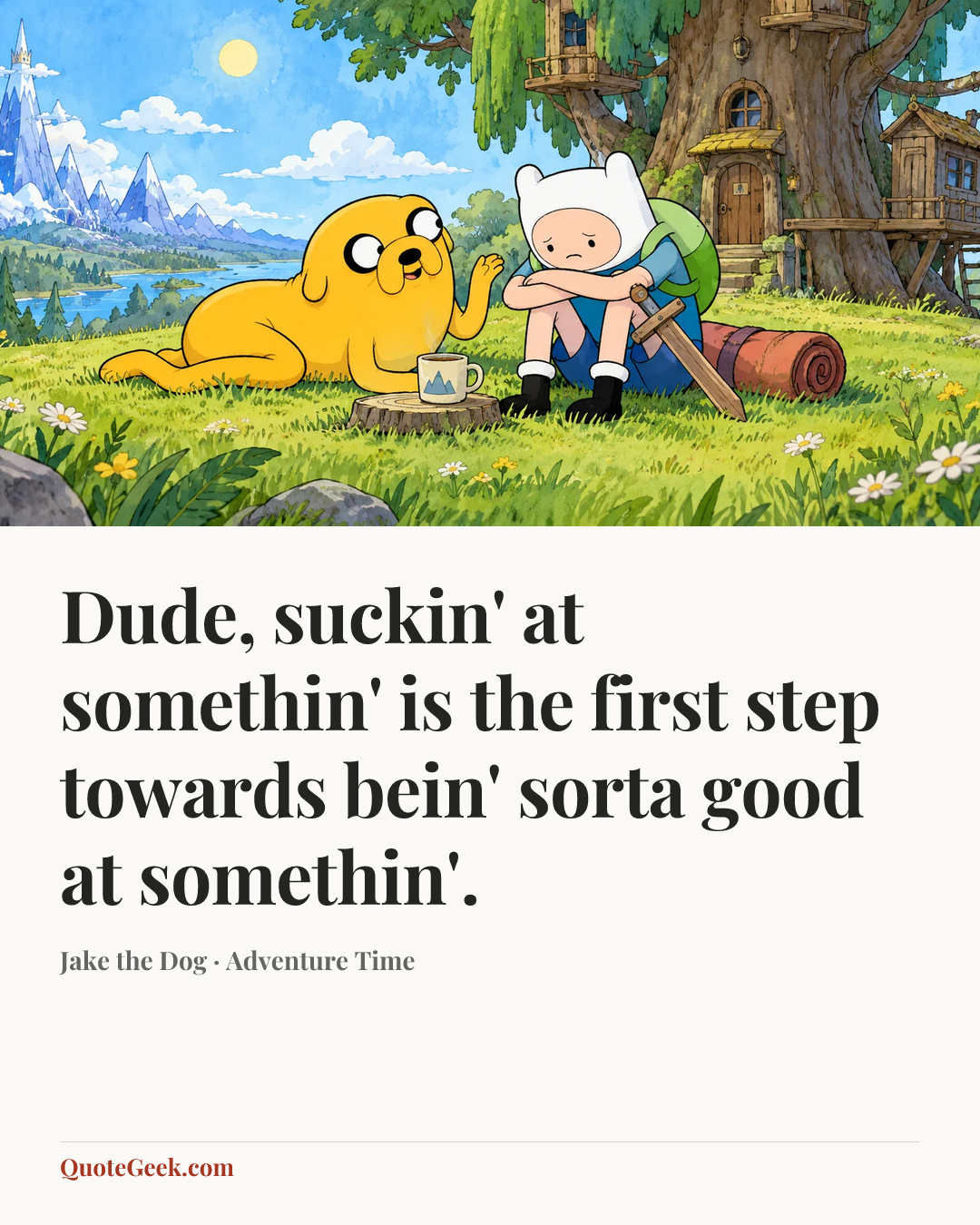 “Dude, suckin' at somethin' is the first step towards bein' sorta good at somethin'.” — Jake the Dog · Adventure Time. Illustrated QuoteGeek card.