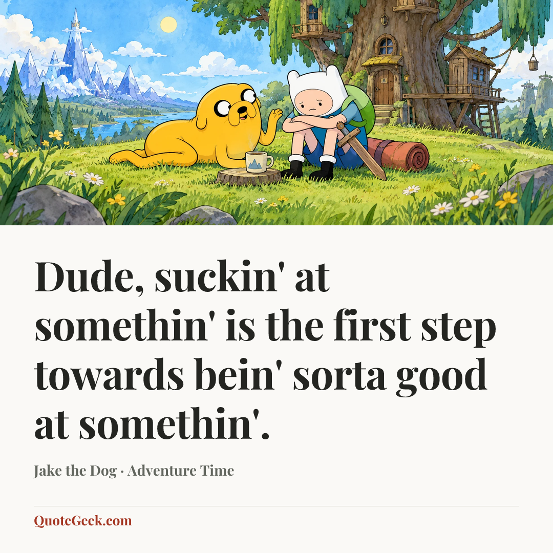 “Dude, suckin' at somethin' is the first step towards bein' sorta good at somethin'.” — Jake the Dog · Adventure Time. Illustrated QuoteGeek card.