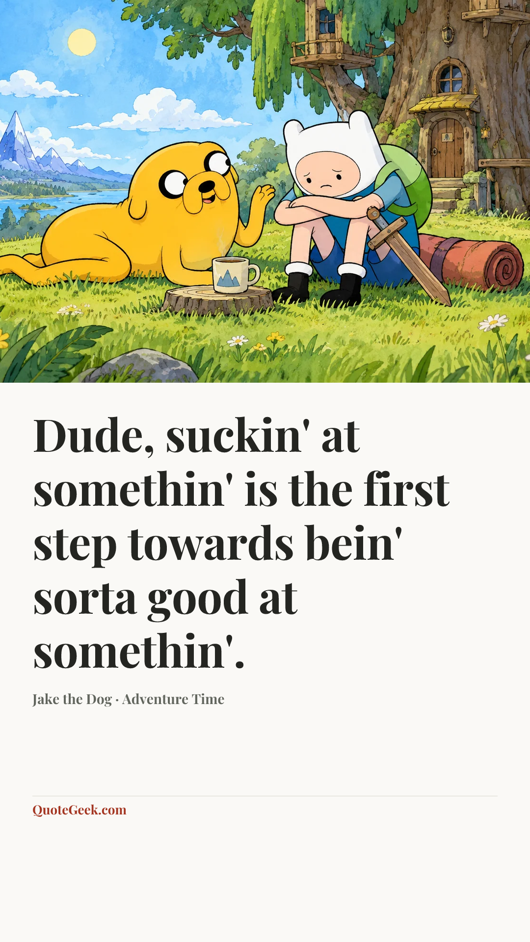 “Dude, suckin' at somethin' is the first step towards bein' sorta good at somethin'.” — Jake the Dog · Adventure Time. Illustrated QuoteGeek card.