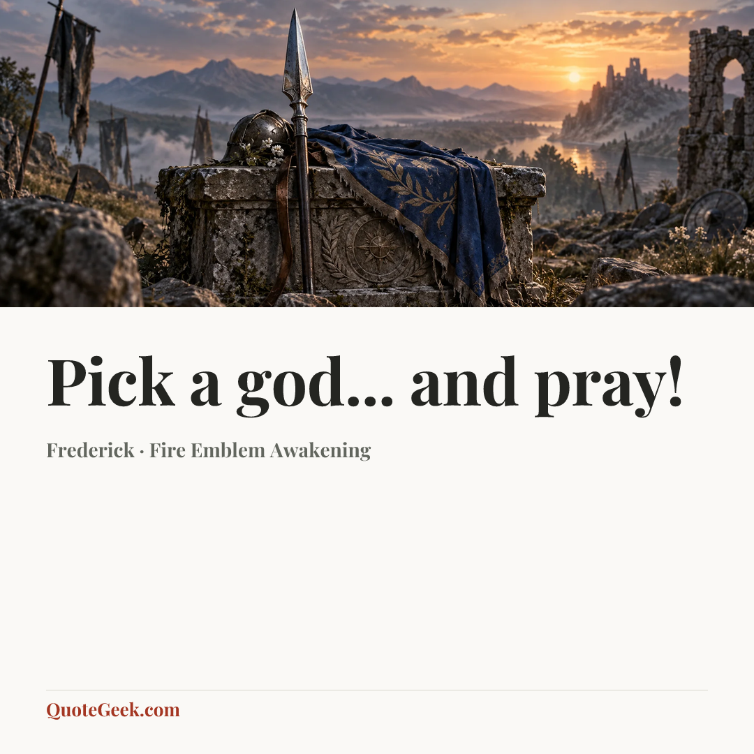 “Pick a god... and pray!” — Frederick · Fire Emblem Awakening. Illustrated QuoteGeek card.