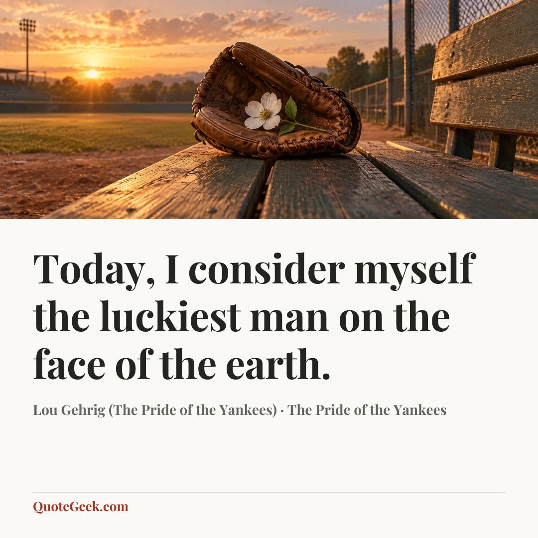 “Today, I consider myself the luckiest man on the face of the earth.” — Lou Gehrig (The Pride of the Yankees) · The Pride of the Yankees. Illustrated QuoteGeek card.