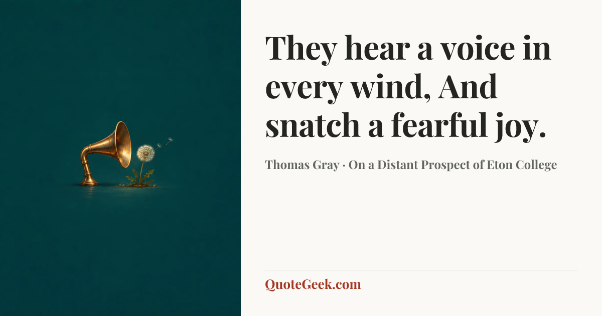 “They hear a voice in every wind,
And snatch a fearful joy.” — Thomas Gray · On a Distant Prospect of Eton College. Illustrated QuoteGeek card.