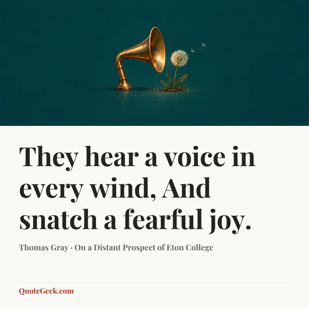 “They hear a voice in every wind,
And snatch a fearful joy.” — Thomas Gray · On a Distant Prospect of Eton College. Illustrated QuoteGeek card.