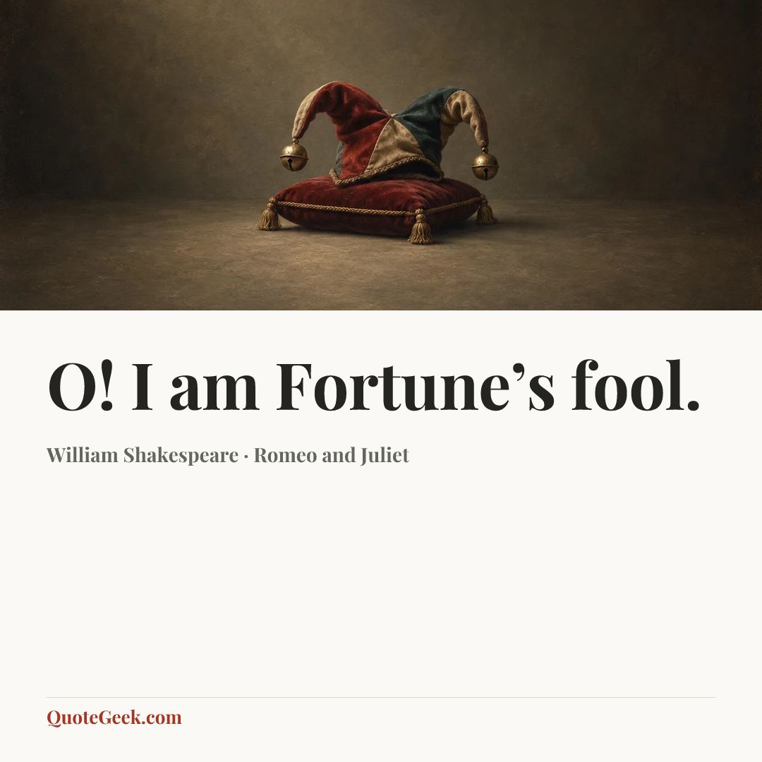 “O! I am Fortune’s fool.” — William Shakespeare · Romeo and Juliet. Illustrated QuoteGeek card.