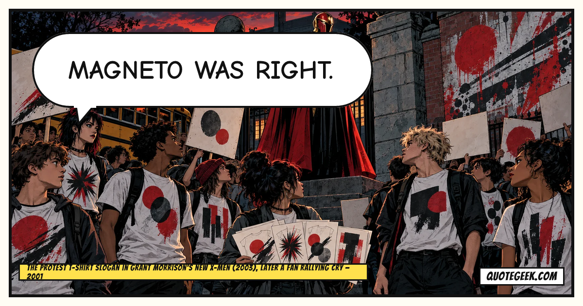 “Magneto was right.” — The protest T-shirt slogan in Grant Morrison's New X-Men (2003), later a fan rallying cry · New X-Men. Illustrated QuoteGeek card.