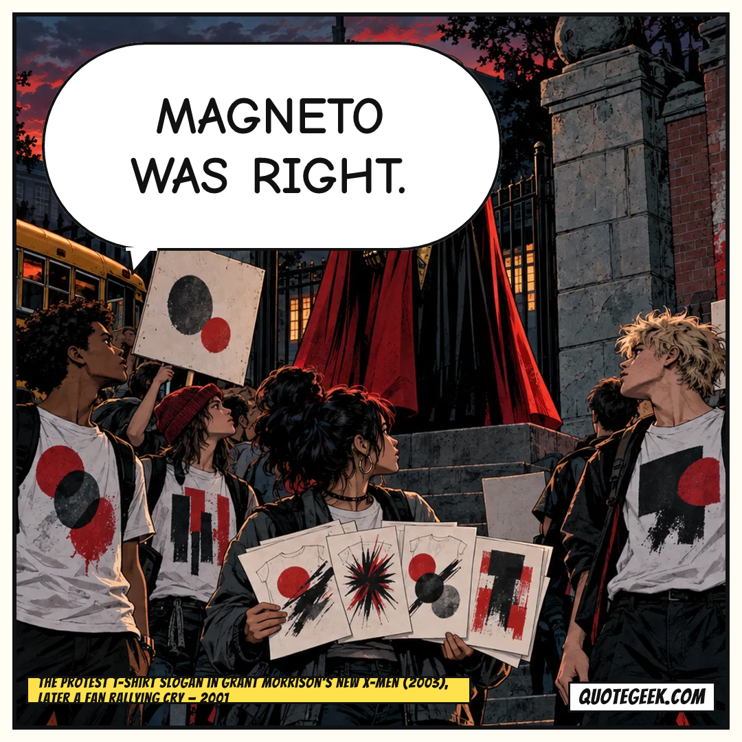 “Magneto was right.” — The protest T-shirt slogan in Grant Morrison's New X-Men (2003), later a fan rallying cry · New X-Men. Illustrated QuoteGeek card.