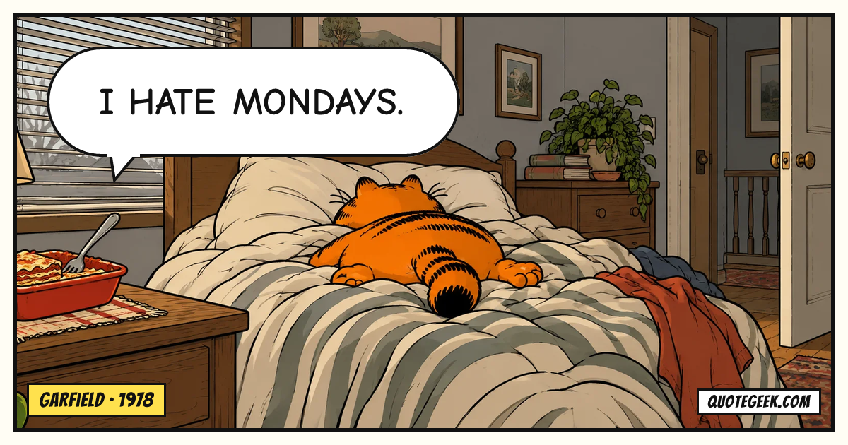 “I hate Mondays.” — Garfield · Garfield. Illustrated QuoteGeek card.