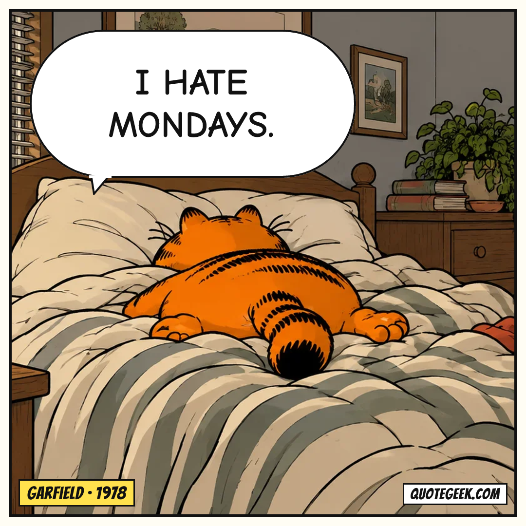 “I hate Mondays.” — Garfield · Garfield. Illustrated QuoteGeek card.