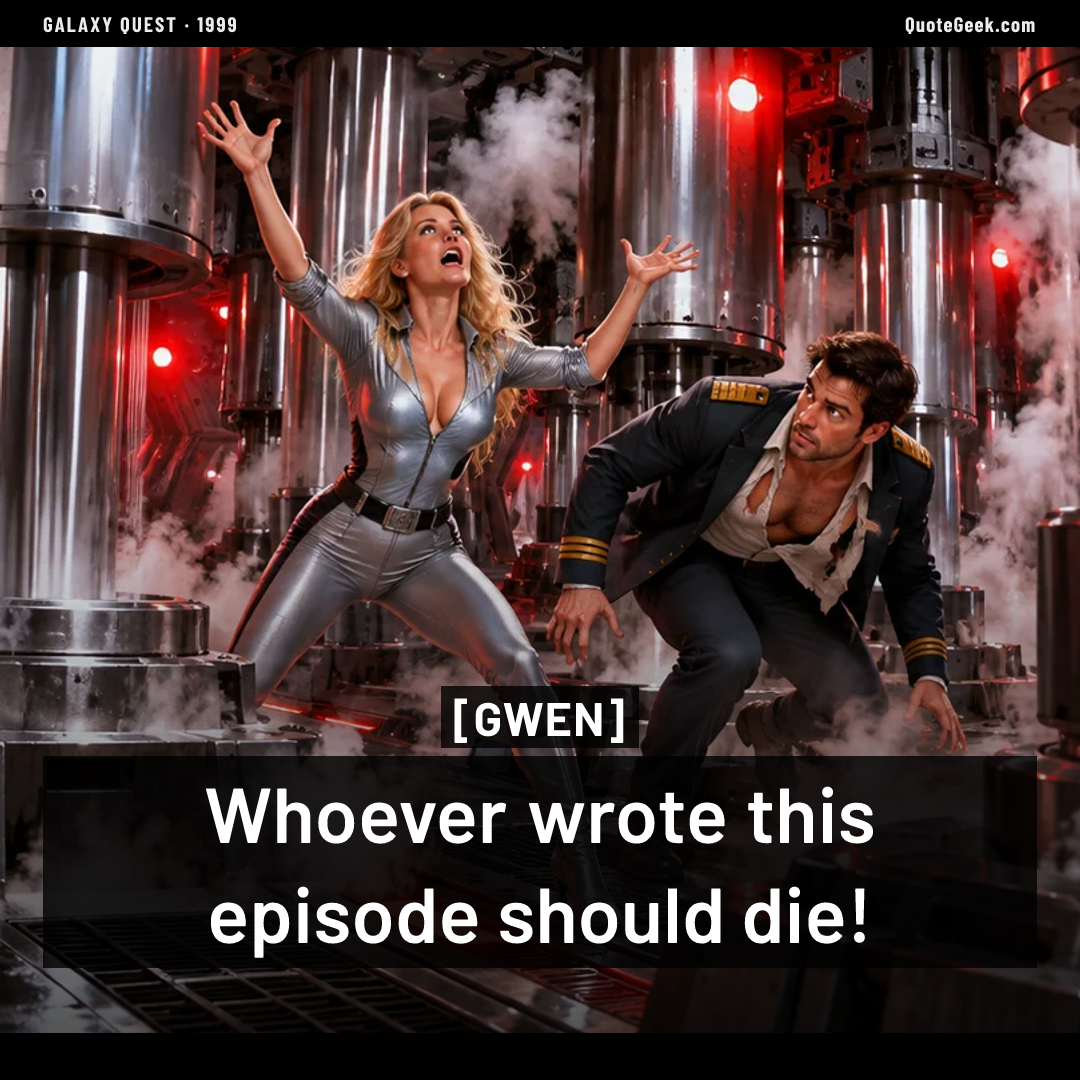“Whoever wrote this episode should die!” — Gwen · Galaxy Quest. Illustrated QuoteGeek card.