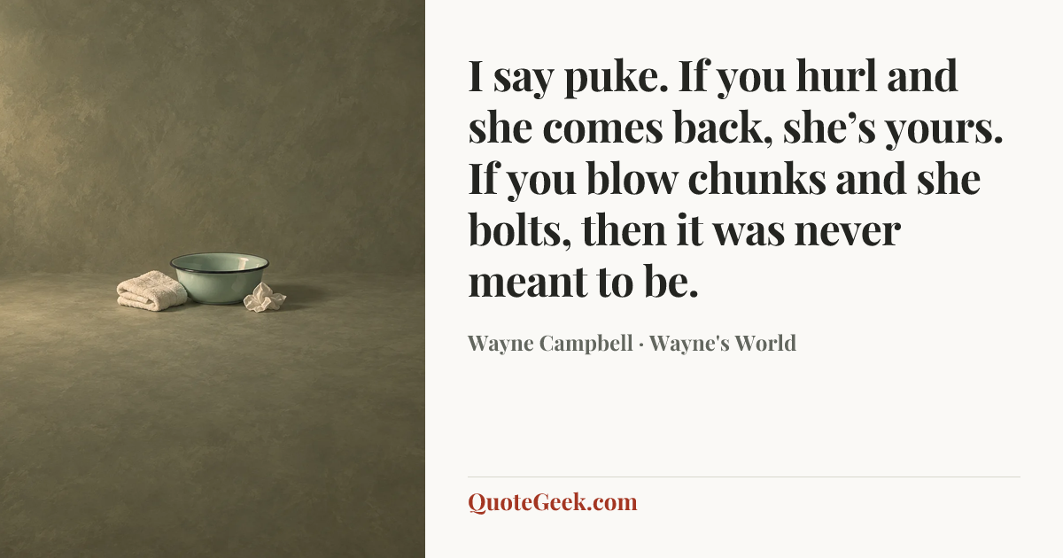 “I say puke. If you hurl and she comes back, she’s yours. If you blow chunks and she bolts, then it was never meant to be.” — Wayne Campbell · Wayne's World. Illustrated QuoteGeek card.