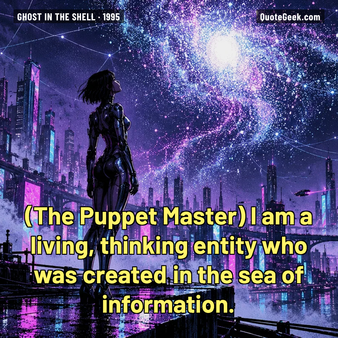 “I am a living, thinking entity who was created in the sea of information.” — The Puppet Master · Ghost in the Shell. Illustrated QuoteGeek card.