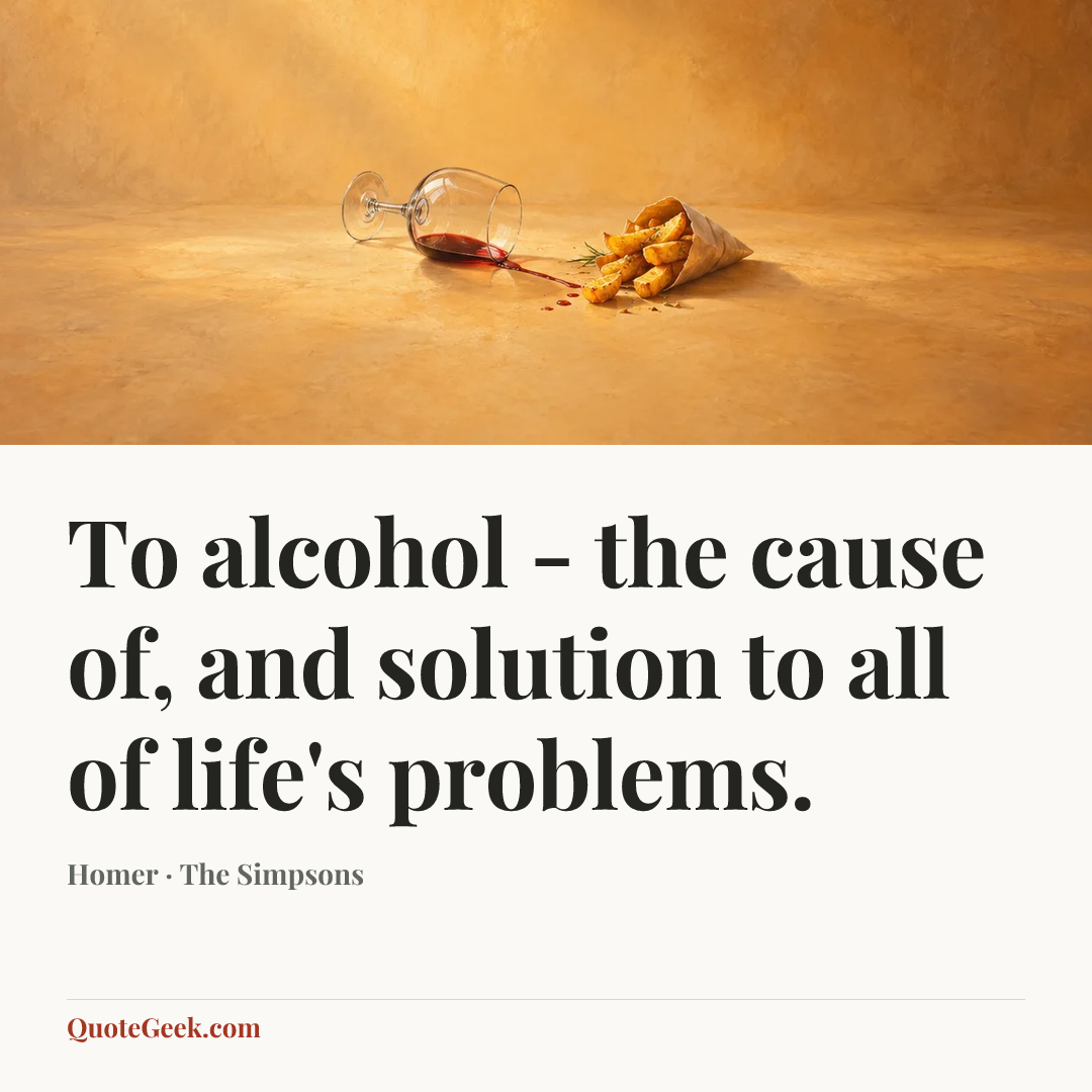 “To alcohol - the cause of, and solution to all of life's problems.” — Homer · The Simpsons. Illustrated QuoteGeek card.