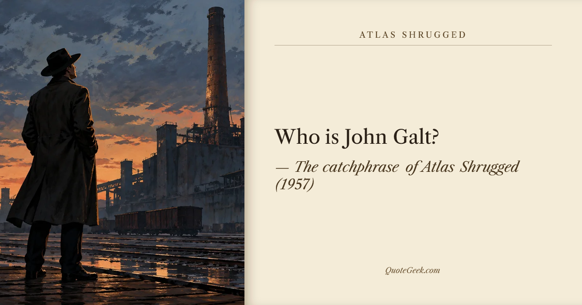 “Who is John Galt?” — The catchphrase of Atlas Shrugged (1957). Illustrated QuoteGeek card.