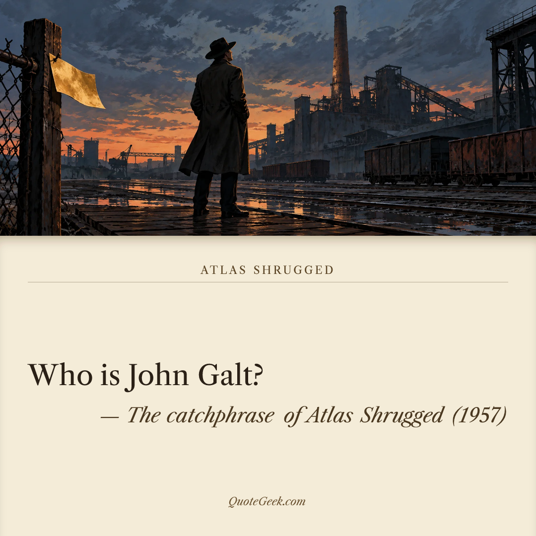 “Who is John Galt?” — The catchphrase of Atlas Shrugged (1957). Illustrated QuoteGeek card.