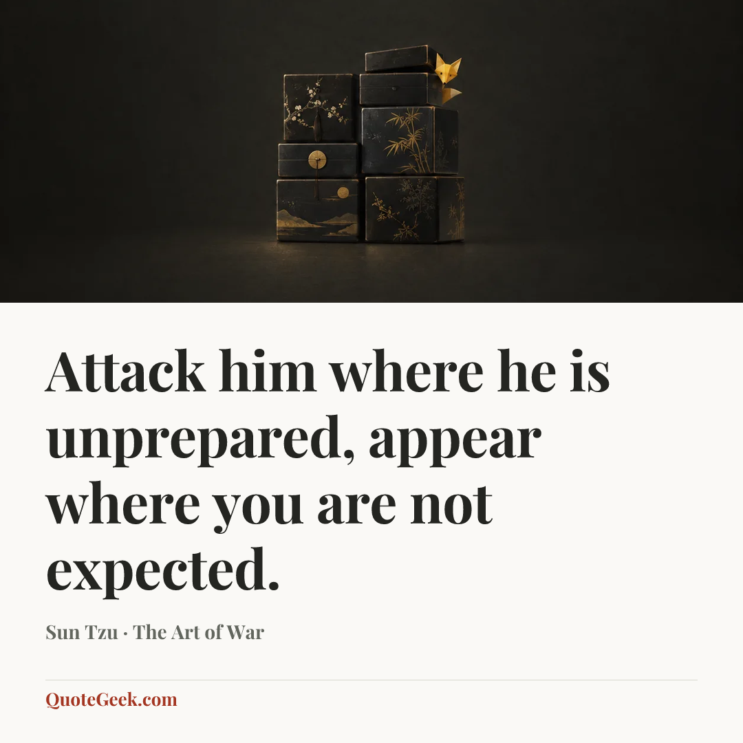 “Attack him where he is unprepared, appear where you are not expected.” — Sun Tzu · The Art of War. Illustrated QuoteGeek card.