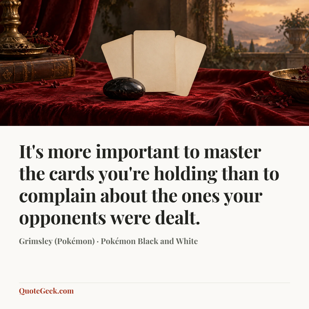 “It's more important to master the cards you're holding than to complain about the ones your opponents were dealt.” — Grimsley (Pokémon) · Pokémon Black and White. Illustrated QuoteGeek card.