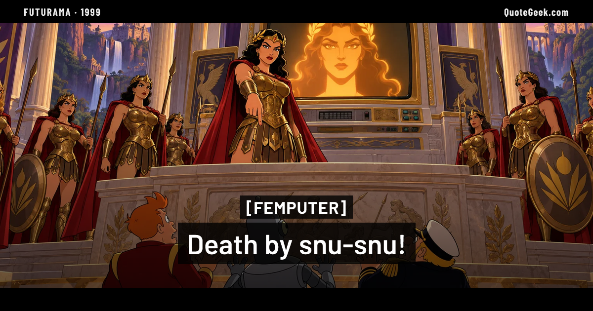 “Death by snu-snu!” — Femputer · Futurama. Illustrated QuoteGeek card.