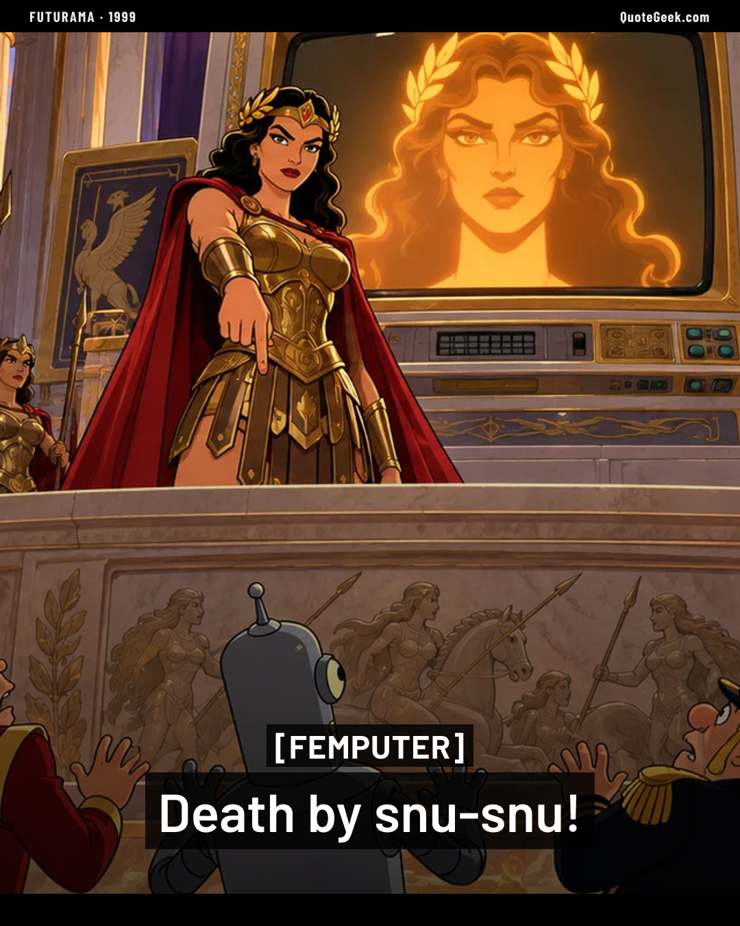 “Death by snu-snu!” — Femputer · Futurama. Illustrated QuoteGeek card.