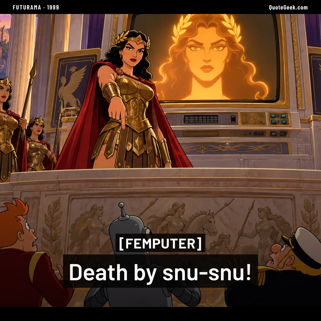 “Death by snu-snu!” — Femputer · Futurama. Illustrated QuoteGeek card.