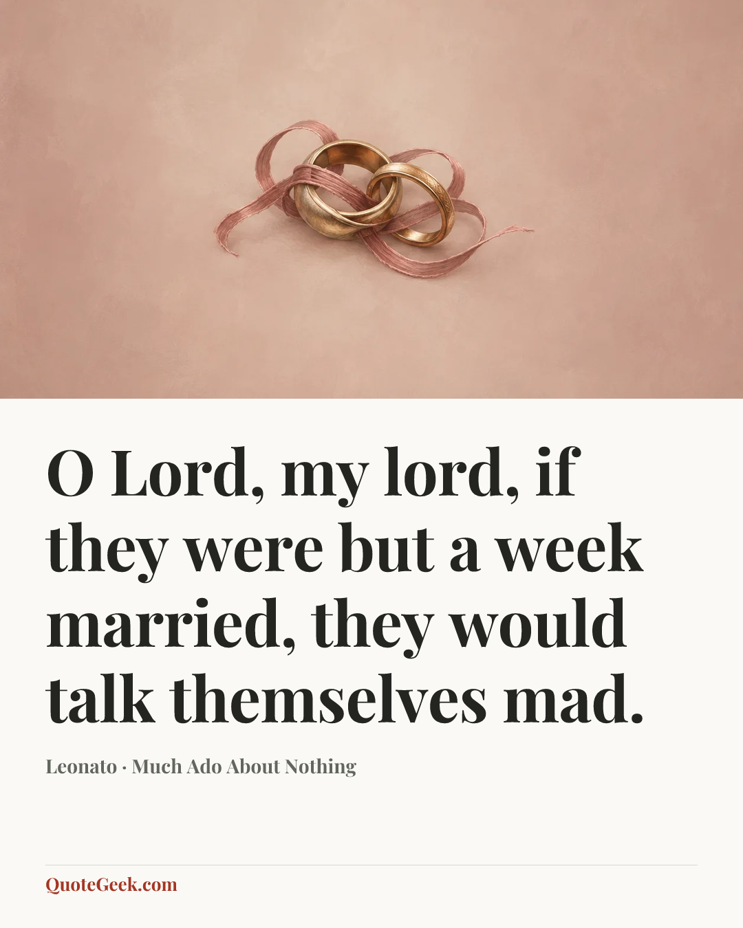 “O Lord, my lord, if they were but a week married, they would talk themselves mad.” — Leonato · Much Ado About Nothing. Illustrated QuoteGeek card.