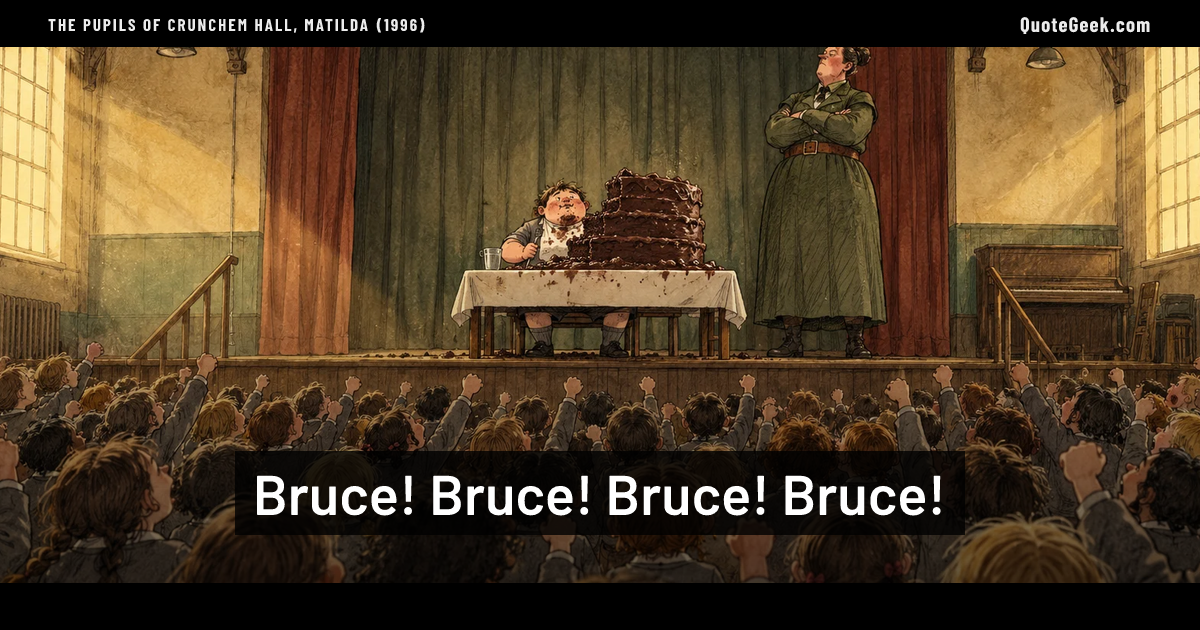 “Bruce! Bruce! Bruce! Bruce!” — The pupils of Crunchem Hall, Matilda (1996). Illustrated QuoteGeek card.