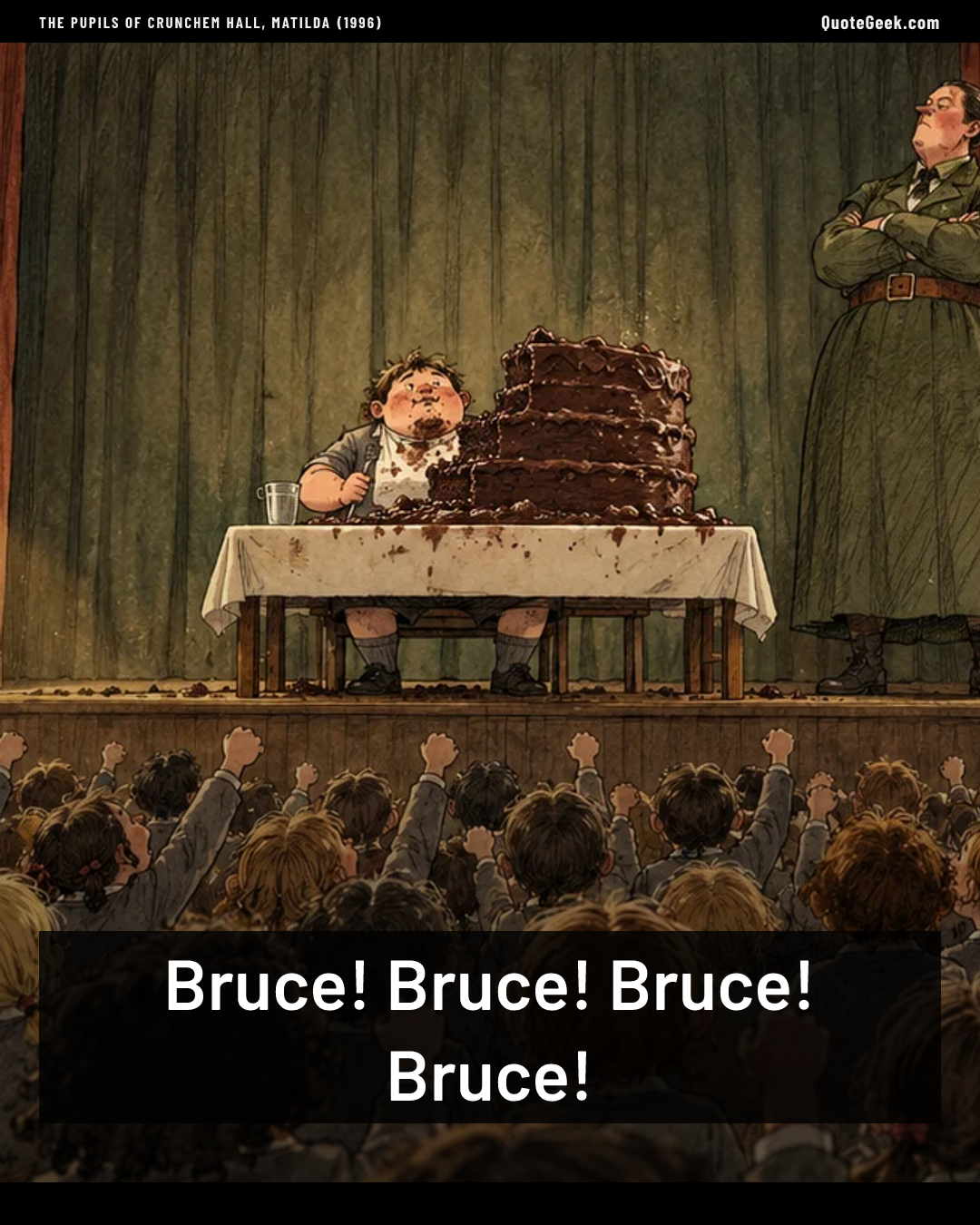 “Bruce! Bruce! Bruce! Bruce!” — The pupils of Crunchem Hall, Matilda (1996). Illustrated QuoteGeek card.